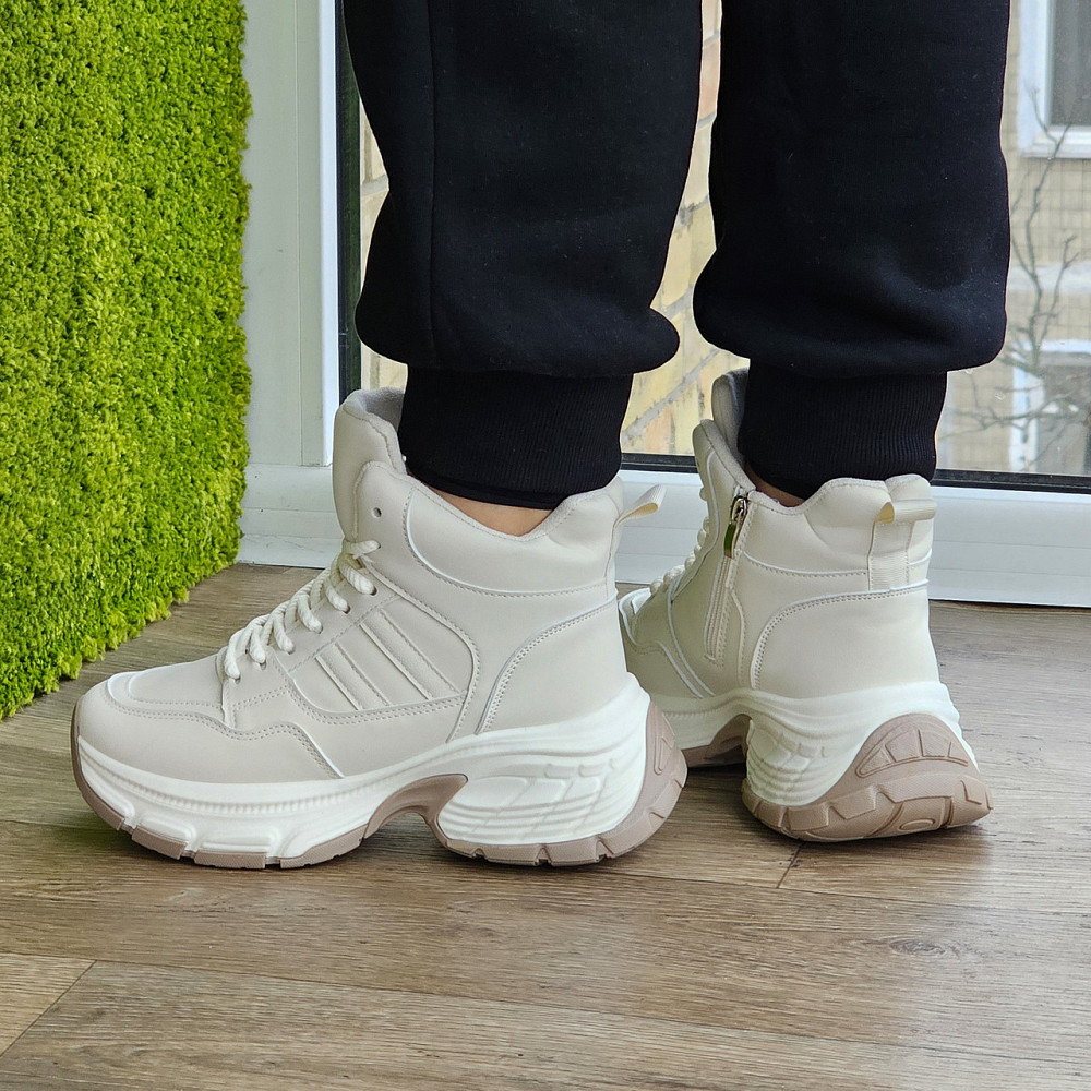 Зимові жіночі Бежеві Кросівки з МЕХОМ на Толстой Підошві Танкетке Ботинки Шкіряні Світлі (розміри: 36,37,38,39) Дніпро - фото 8