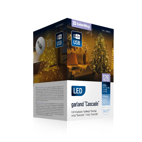 Світлодіодна гірлянда каскад 126 Led 9*1,5м 8 режимів теплий колір USB CW-G-126L91CU ColorWay Житомир - изображение 6
