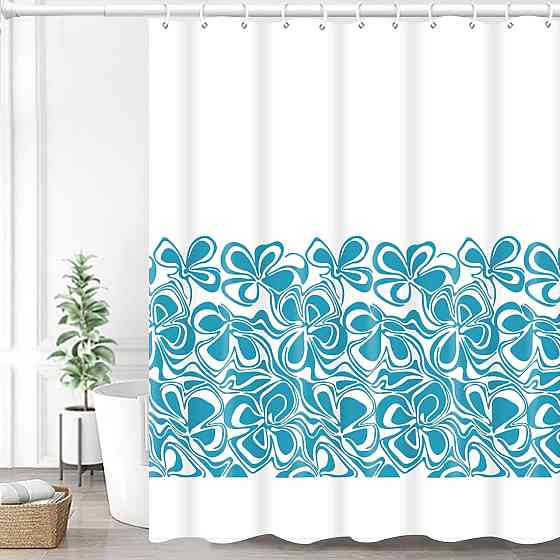 Шторка для ванної та душу з кільцями 180x180 см водовідштовхувальна, шторка для ванної та душової з гачками, біла з блакитним Кам'янець-Подільський