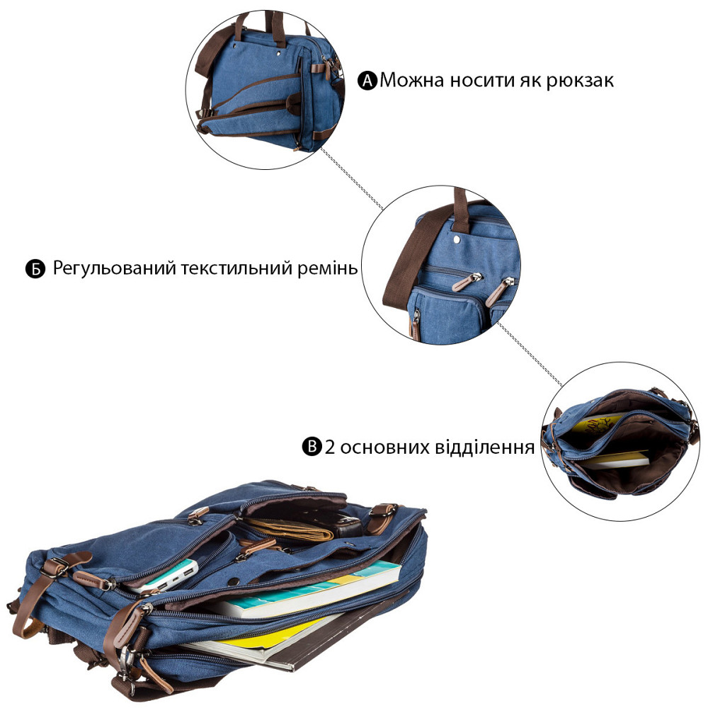 Сумка-трансформер текстильна велика Синя (Vintage) Київ - фото 2