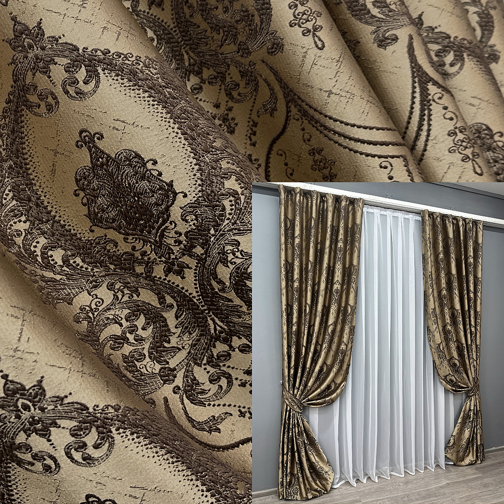 Шторна тканина парча колір бежевий з венге 1775ш Київ - фото 7