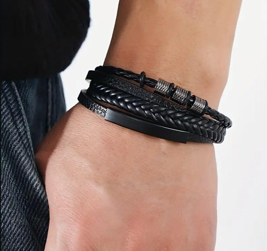 Чоловічий багатошаровий шкіряний браслет – чорний, 21 см Київ - фото 3