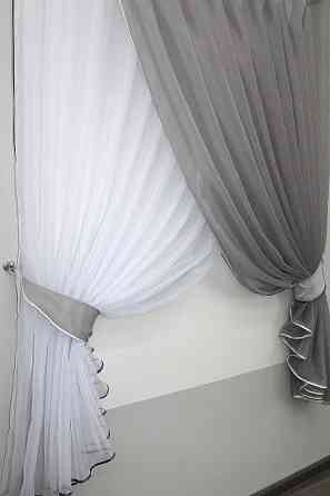 Кухонні шторки VR-Textil № 060к "Дует" з підв'язками сірий з білим 330х170 см (50-138) Київ