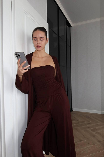 Жіночий базовий костюм-трійка: кардиган топ і штани турецька віскоза Шоколадний Одеса - фото 7