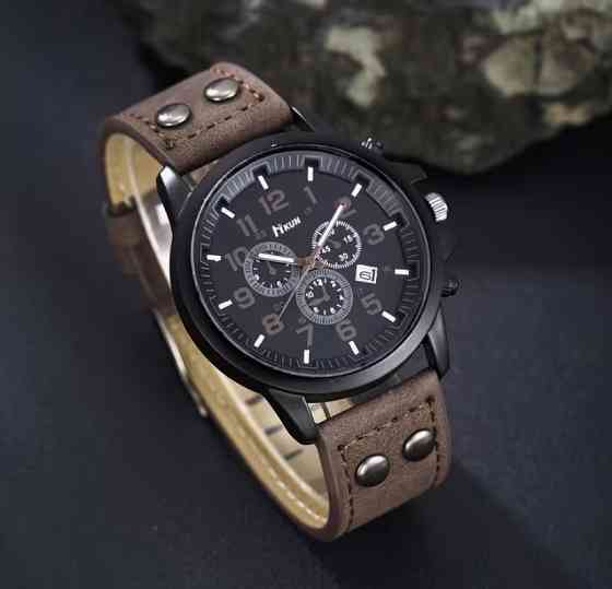 Подарунковий набір для чоловіків 6 в 1 наручний годинник окуляри конверт ремінь гаманець брелок коричневий Київ