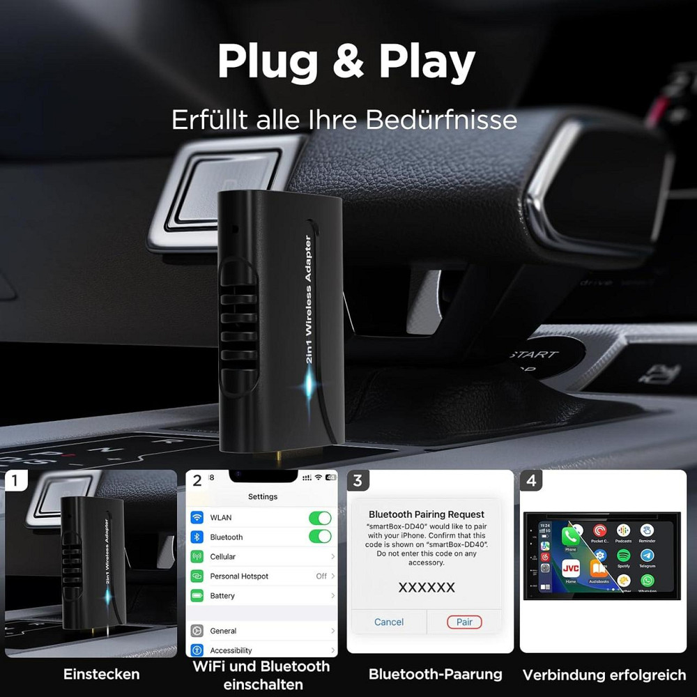 Автомобільний бездротовий адаптер DYUZO 2-в-1 для CarPlay і Android Auto, з позолоченим мідним інтерфейсом, USB-A/USB-C Київ - фото 6