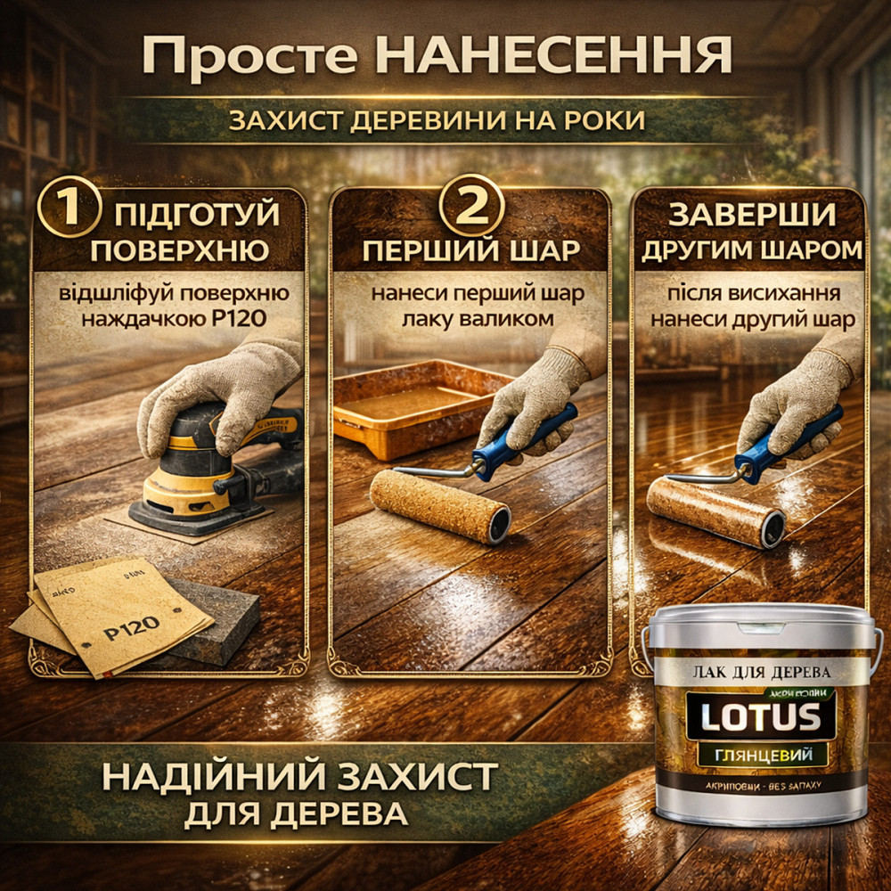 Лак для дерева LOTUS глянцевий акриловий без запаху універсальний для підлоги меблів та фасаду зносостійкий прозорий 10 л Харків - фото 9