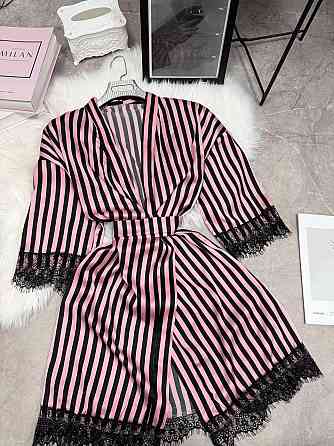 Женский домашний халат в полоску шелк армани с кружевом Розовый, 48/52 Одесса