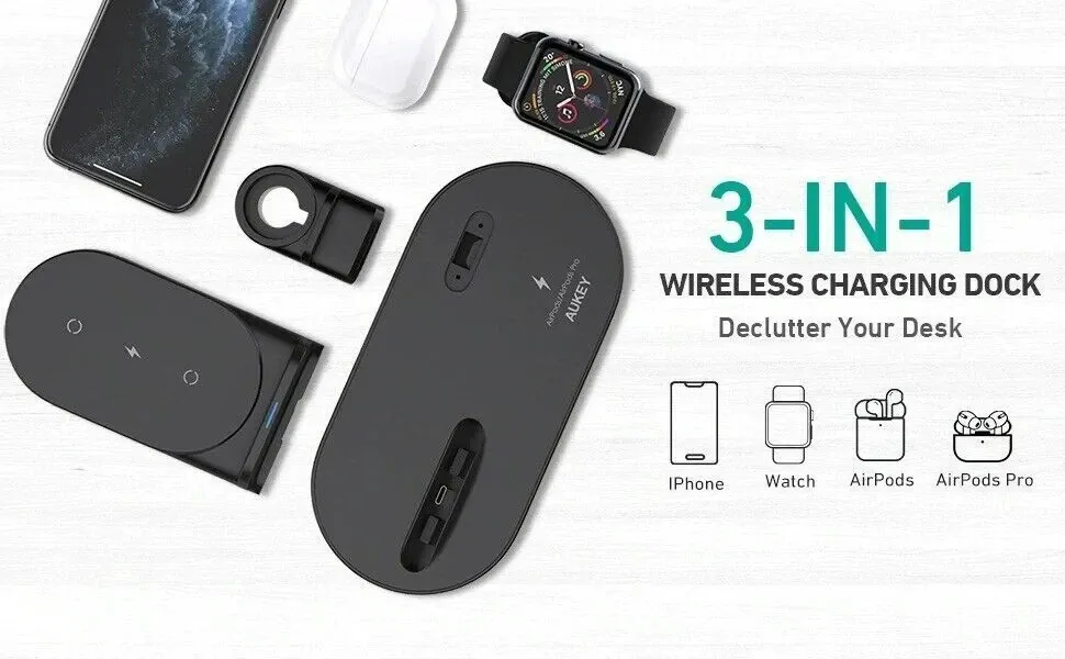 Бездротова зарядна станція 3 в 1 Aukey LC-A3 для iPhone, Apple Watch, AirPods Швидка зарядка Qi 10W Київ - фото 3