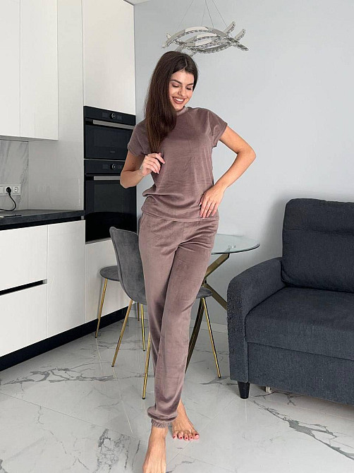 Жіночий домашній костюм-трійка: футболка штани + шорти плюш-велюр Моко, 54/56 Одеса - фото 1