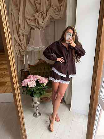 Женский стильный летний льняной костюм с кружевом Шоколад, 42/46 Одесса