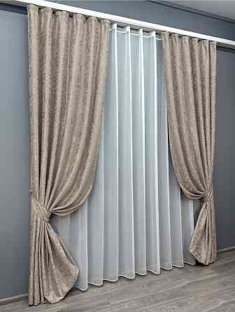 Комплект штор VR-Textil Лен Мрамор 150х270 2шт и Тюль 500х270 1717ш-1276т Серо-бежевый с белым 71-013/4 Киев