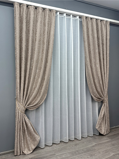 Комплект штор VR-Textil Лен Мрамор 150х270 2шт и Тюль 500х270 1717ш-1276т Серо-бежевый с белым 71-013/4 Киев - изображение 2