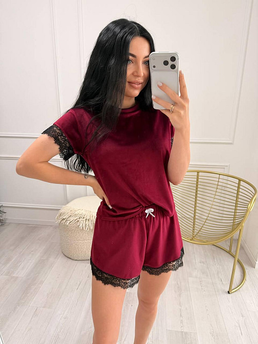 Жіноча піжама двійка з велюру з мереживом Бордовий Одеса - фото 7