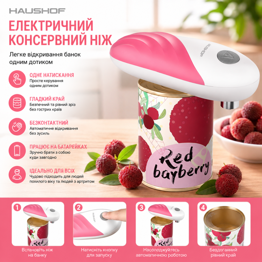 Автоматический электрический консервный нож HAUSHOF Pink — Безопасная открывалка банок на батарейках из нержавеющей стали Киев - изображение 1