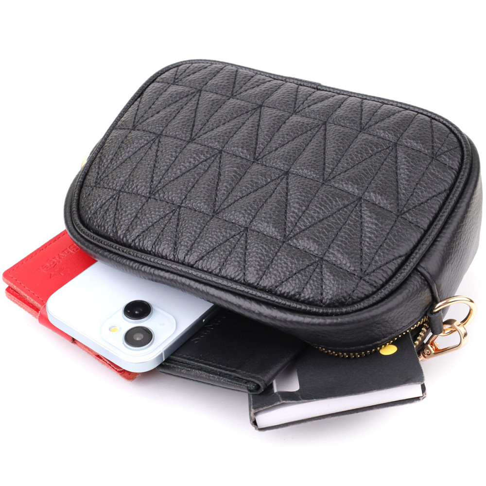 Компактная стеганая сумка для женщин из натуральной кожи Vintage 22894 Черный Киев - изображение 8