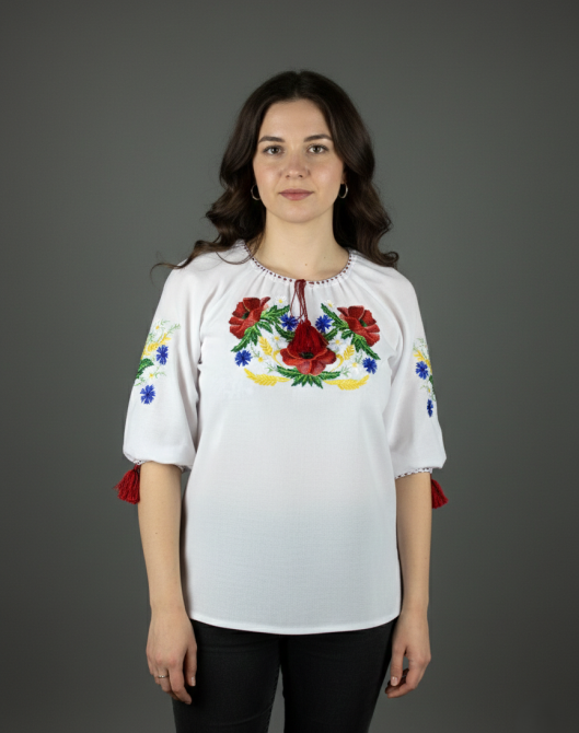 Женская белая вышитая рубашка красными маками из домоточного полотна Киев - изображение 1