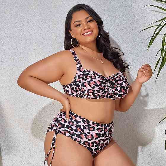 Жіночий роздільний купальник великих розмірів Plus Size з тонким поролоном та плавками сліпами із завищеною посадкою леопардовий Київ
