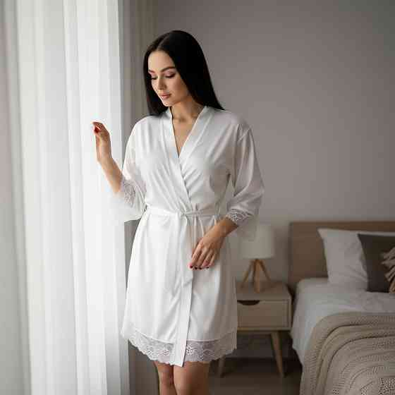 Халат жіночий сатиновий з мереживом Білий M/L Харків