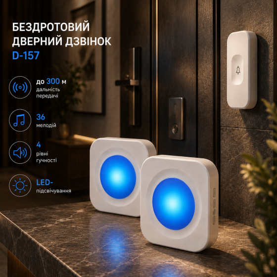 Беспроводной дверной звонок Zhongshan J Xing Electrical D-157, 300 м, 36 мелодий, 4 уровня громкости, подсветка Киев