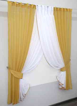 Кухонные шторки VR-Textil № 096к с подвязками золотистый с белым 400х170 см (52-0403) Киев