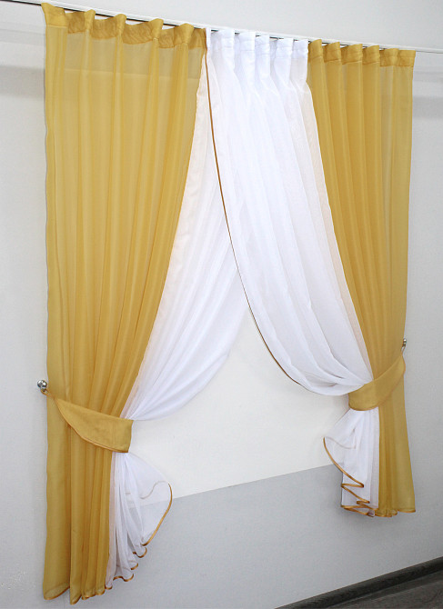 Кухонные шторки VR-Textil № 096к с подвязками золотистый с белым 400х170 см (52-0403) Киев - изображение 2