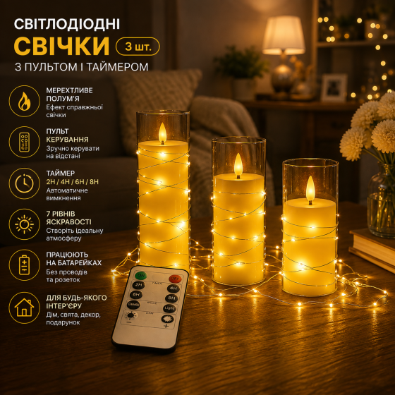 Светодиодные свечи 3 шт. на батарейках с пультом и таймером, мерцающее пламя, 7 уровней яркости, декоративные LED свечи Киев