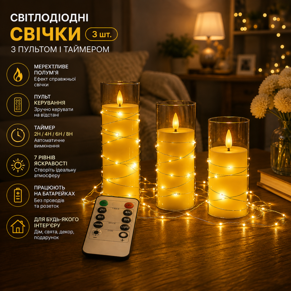 Светодиодные свечи 3 шт. на батарейках с пультом и таймером, мерцающее пламя, 7 уровней яркости, декоративные LED свечи Киев - изображение 1