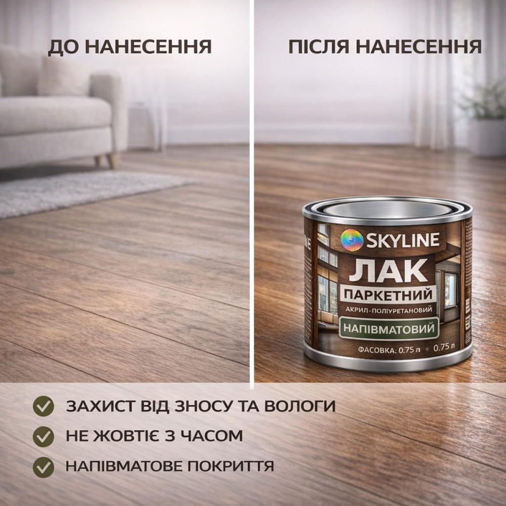 Лак для підлоги напівматовий Skyline паркетний, акрил-поліуретановий, водний, зносостійкий, без запаху, 750 мл Харків - фото 7