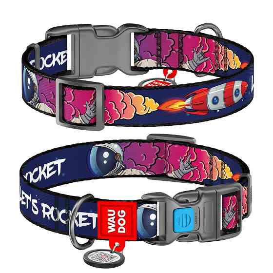 Нашийник для собак нейлоновий WAUDOG Nylon з QR-паспортом, малюнок "Космос. Ракета", пластикови Коломыя