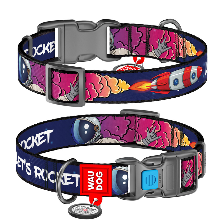 Нашийник для собак нейлоновий WAUDOG Nylon з QR-паспортом, малюнок "Космос. Ракета", пластикови Коломыя - изображение 1