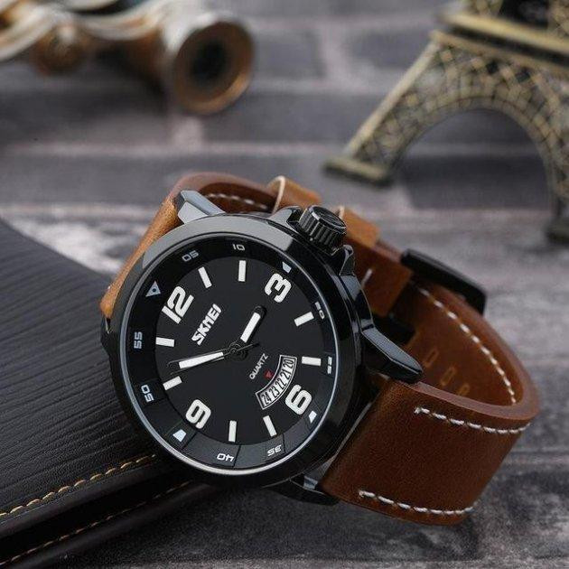 Чоловічий класичний наручний годинник Skmei 9115 Чорний з коричневим Вінниця - фото 5