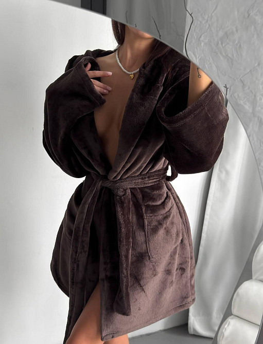 Жіночий теплий короткий халат із поясом із турецької махри Шоколад, 42/44 Одеса - фото 1