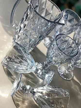 Набір 6 шт. келихів + глечик 1 л. «Дзеркальний Смарагд» 300 мл блакитний колір Київ