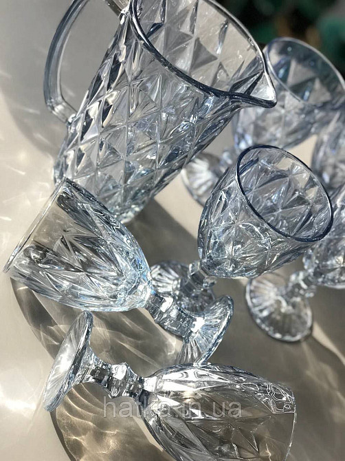 Набір 6 шт. келихів + глечик 1 л. «Дзеркальний Смарагд» 300 мл блакитний колір Київ - фото 5
