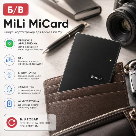 Б/У Смарт-карта трекер MILI MiCard для Apple Find My, NFC, аккумуляторная, ультратонкая 2,6 мм, IP65, черная Киев