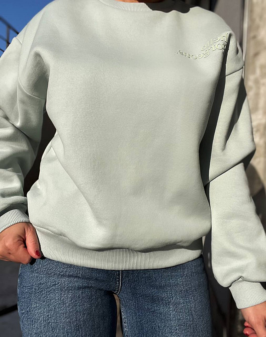 Свитшот женский Pepper mint 24-15 оверсайз удлиненная надпись впереди утепленный флис, мятный, M Киев - изображение 12