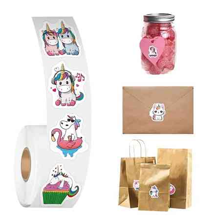 Наклейки "Єдинороги" на рулоні, 500 шт | 10 дизайнів, Ø 2.5 см, самоклеючі стікери Київ