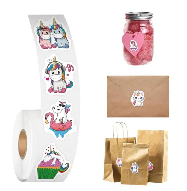 Наклейки «Единороги» в рулоне, 500 шт | 10 дизайнов, Ø 2.5 см, самоклеящиеся стикеры Киев - изображение 2
