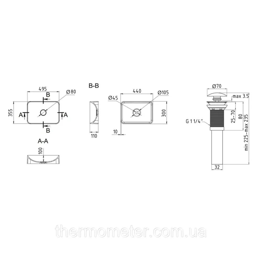 Комплект Qtap Virgo: Раковина накладная прямоугольная 490х350х110 мм White + Донный клапан PU02 Киев - изображение 14