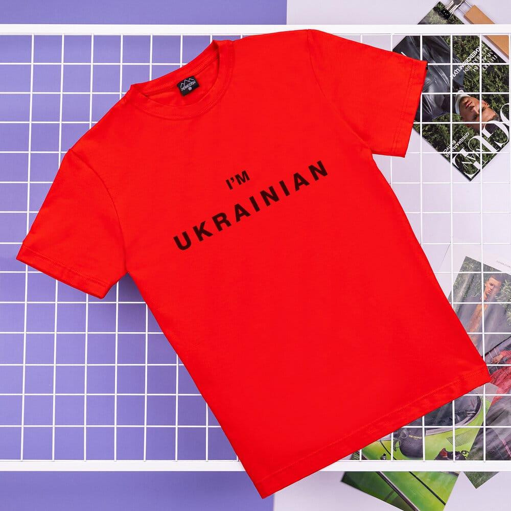 Футболка мужская однотонная красная Pobedov Peremoga - I'M UKRAINIAN наклейка чорна Киев - изображение 1