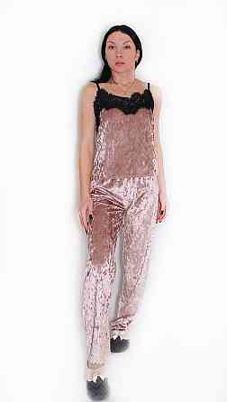 Женский домашний костюм майка+ штаны с халатиком из мраморного велюра Бежевый S Харьков