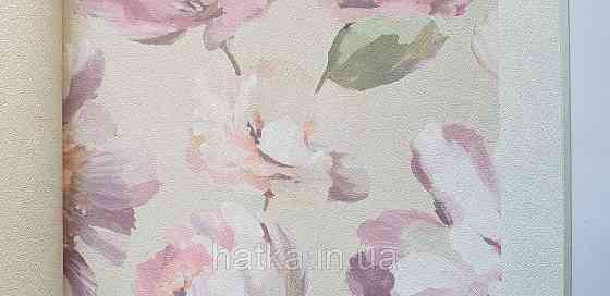 Шпалери вінілові на флізеліні Grandeco Universe 5 квіти півонії великі яскраві рожеві на бежевому Київ