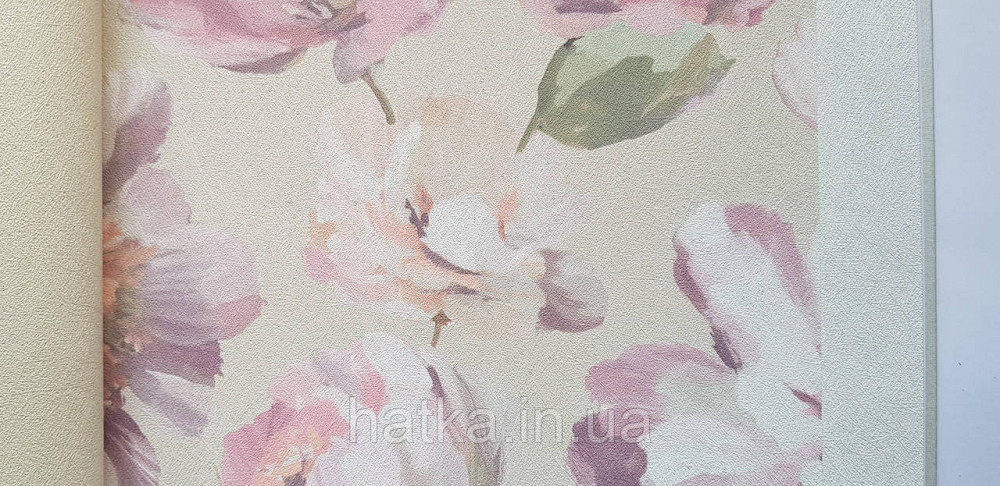 Шпалери вінілові на флізеліні Grandeco Universe 5 квіти півонії великі яскраві рожеві на бежевому Київ - фото 3