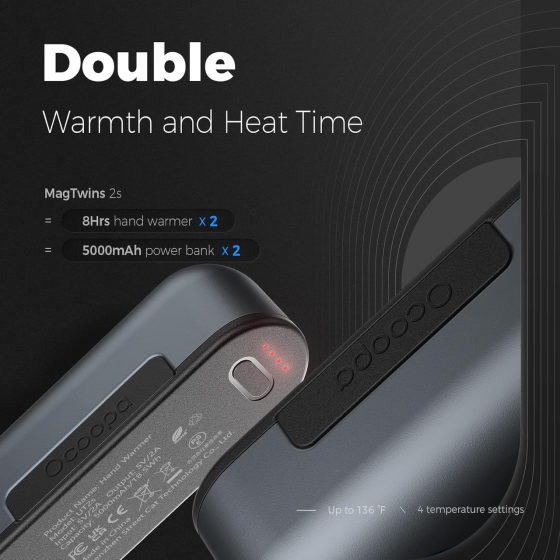 Магнітні грілки для рук OCOOPA MagTwins UT2s 2-в-1, Power Bank 10000 мАг (2×5000 мАг), 4 режими нагріву до 58°C, USB-C, Grey Київ