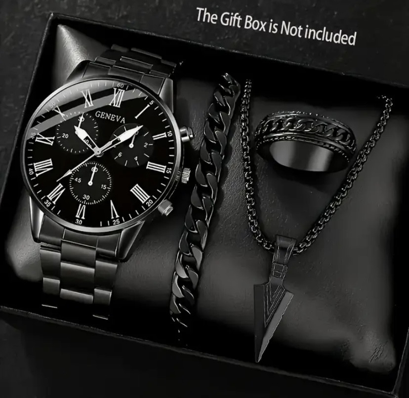 Подарочный набор для мужчин наручные часы с браслетом кулоном и кольцом черный Киев - изображение 1