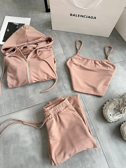 Женский повседневный костюм тройка: кофта топ и штаны двунить 46/48, Беж Одесса - изображение 4