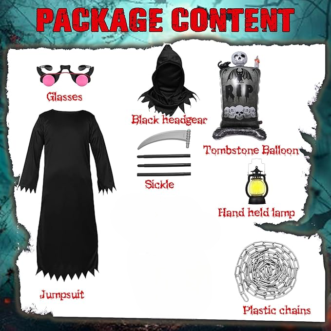 Моторошний дорослий костюм Жнеця Смерті з LED-окулярами, косою, маскою та аксесуарами на Гелловін, карнавал Київ - фото 2