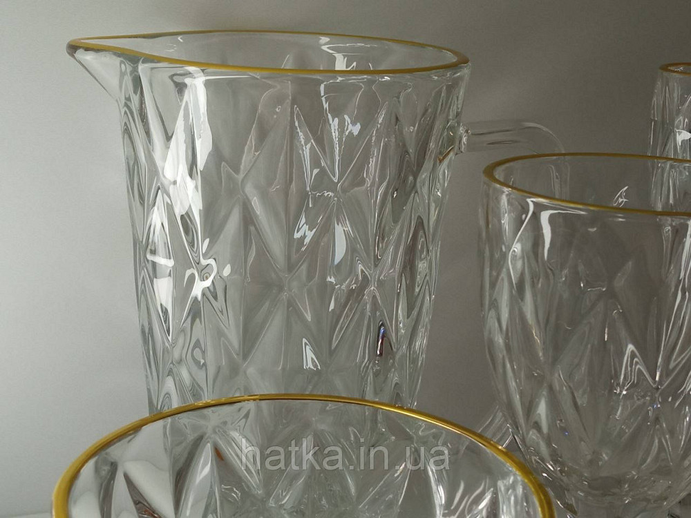 Глечик "Золотий смарагд" 1000 мл товсте скло для напоїв прозорий із золотим обідком Київ - фото 5