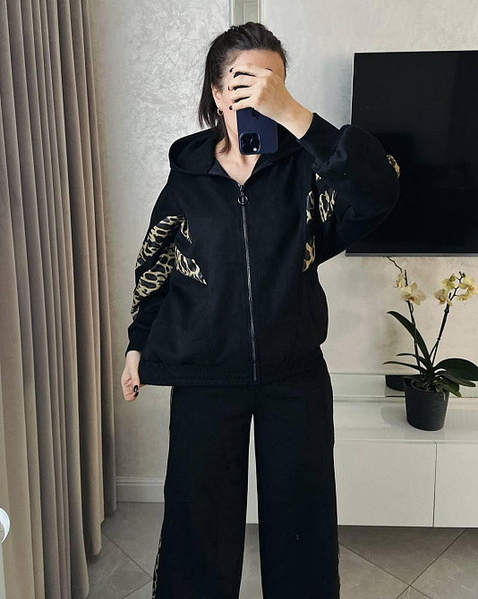 Жіночий стильний повсякденний костюм замша на дайвінзі Чорний, 54/56 Одеса - фото 2